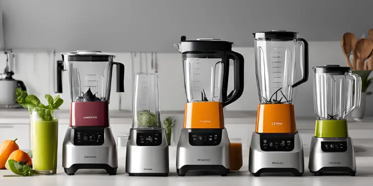 re blenders på rad på en bänkskiva i ett modernt kök, inklusive Vitamix Ascent A2500i, Blendtec Designer 725, och Sabor Ultimate Blender 1200 W.