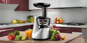 Samling av fem juicepressar från olika märken på ett bord, inklusive modeller från Wilfa, Black & Decker, Witt by Kuvings, Philips, och Severin, som representerar toppvalen för juiceutvinning 2024.