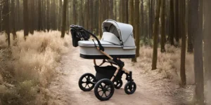 Jämförelse av fem barnvagnar, inklusive Britax Smile 5z, Crescent Prestige 2, Cybex Priam, The Jiffle Duovagn 2 och Joolz Geo3 på ett bord